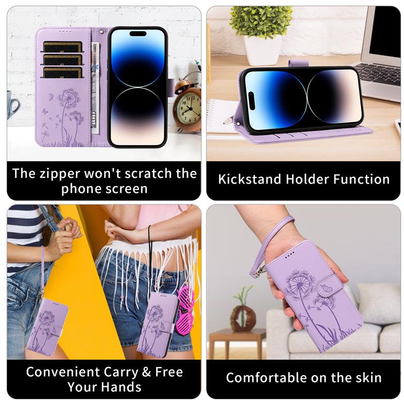 Suitable for iPhone 17 Dandelion Embossed Leather Case, Apple 16 PRO, Samsung S26 Card Slot Flip Phone Case