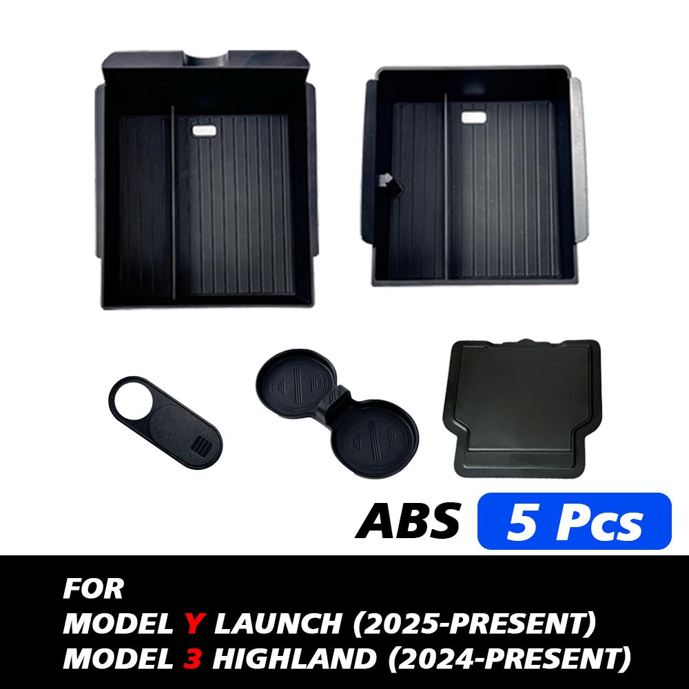 For Tesla New Model Y  Launch + Juniper Model 3 Highland  Console & Armrest Abs Flocking Storage Box Watercup Holder