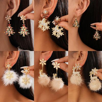 Christmas Diamond Plush Snowflake Elk Christmas Tree Silver Needle Earrings Temperament Earrings