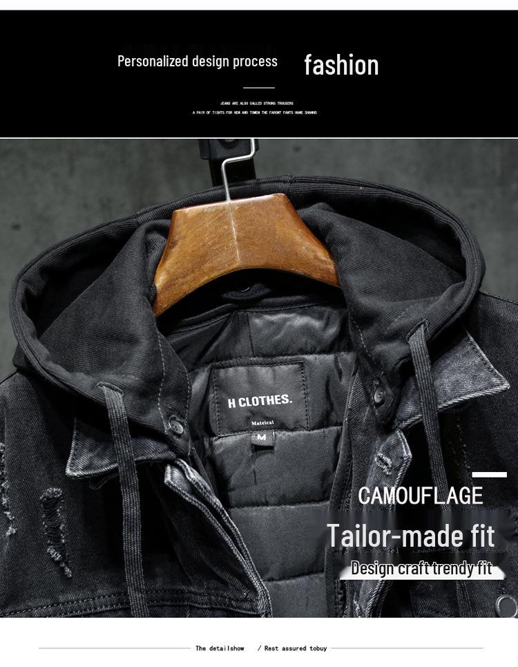 Men's Thickened Hooded Denim Jacket: Japanese Trendy Brand, Autumn/Winter Warm Cotton, Removable Hood