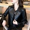 Women's Casual Loose Fit PU Leather Jacket with Button Closure and Pockets