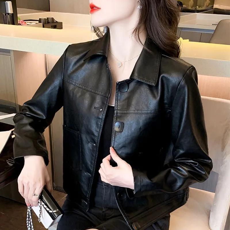 Women's Casual Loose Fit PU Leather Jacket with Button Closure and Pockets