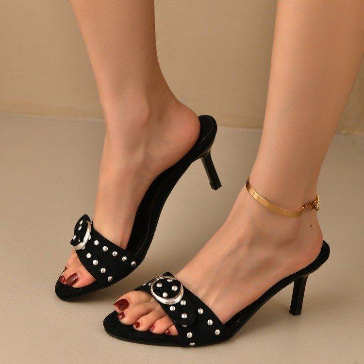 French black pointed kitten and one-word slippers women's shoes wear high-heeled sandals
