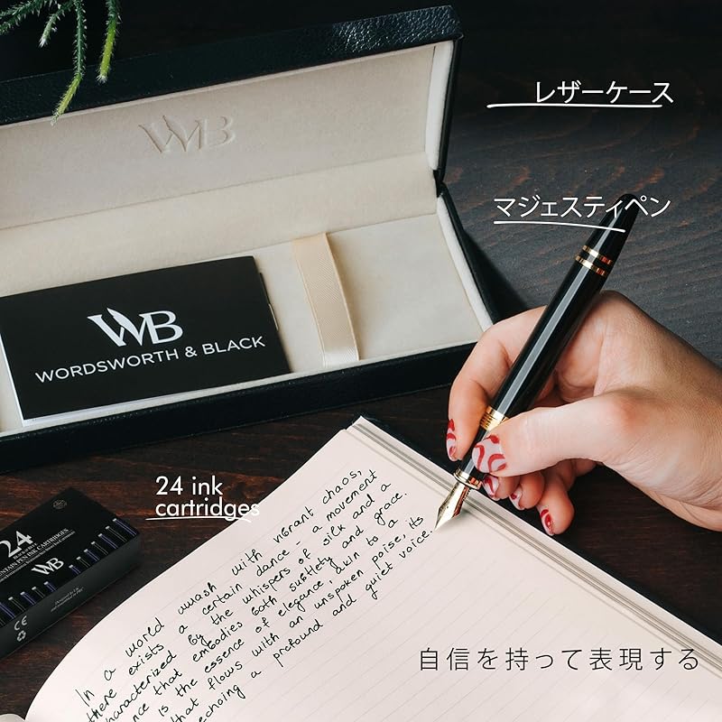Wordsworth & Black Premium Metal Fountain Pen - Majesty (Black Gold) | 24 Fountain Pen Ink Cartridges (Black & Blue) | 24K Gold Finish | 18K