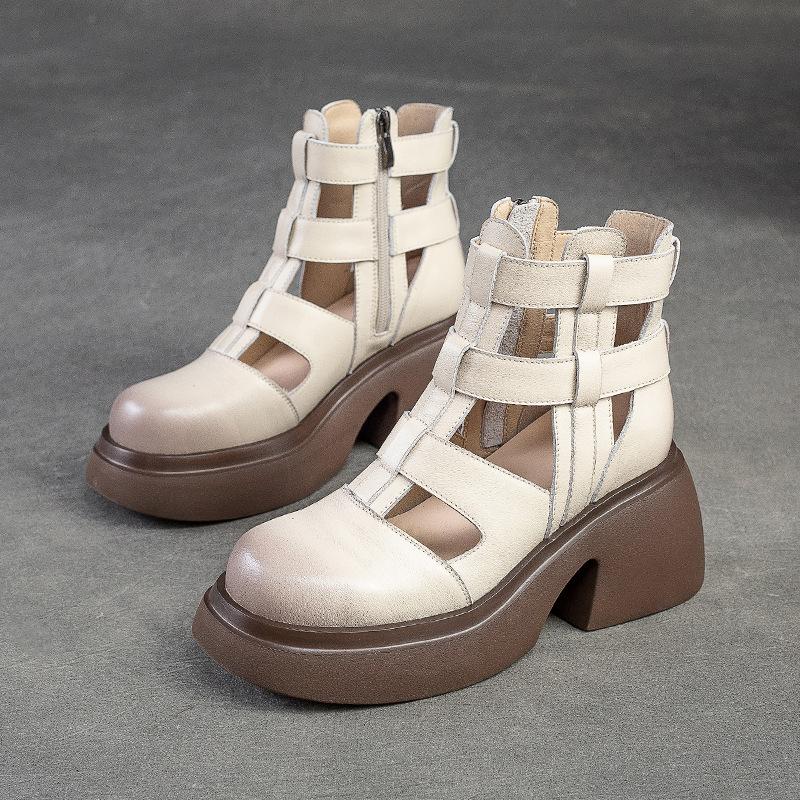 Fashion GKTINOO Women Sandals Wedges Heels Genuine Leather Round Toe Summer Fashion Female Gladiator Sandals Platform Shoes Woman