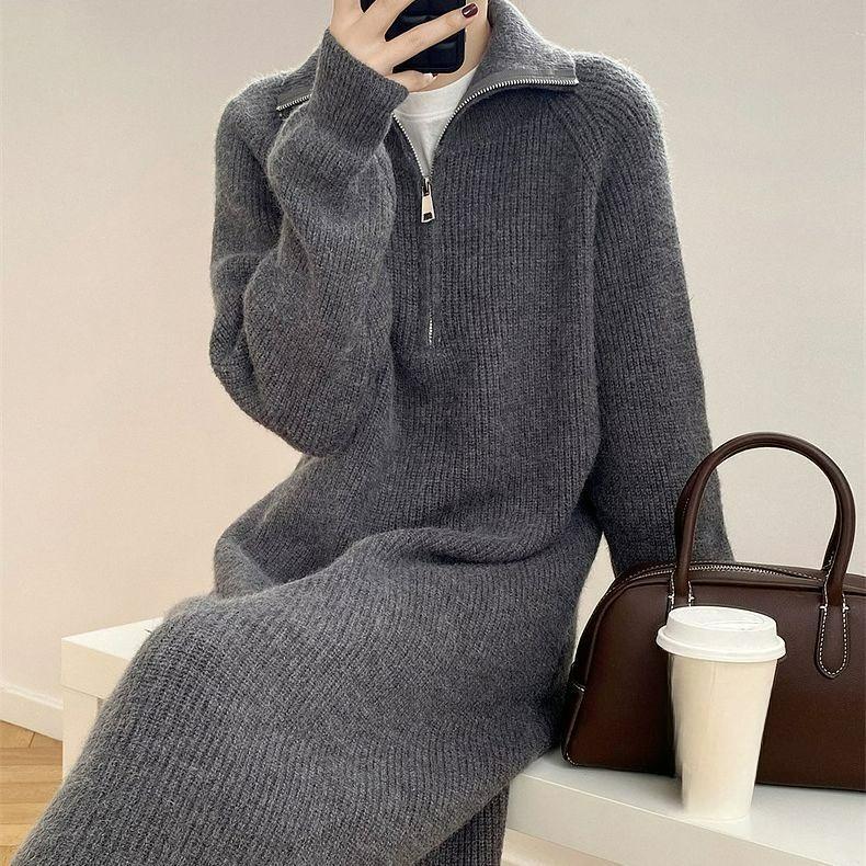 Autumn and Winter French Mid-length Lazy Bottoming Dress Women's Over-the-knee Sweater Knitted Long Skirt with Coat