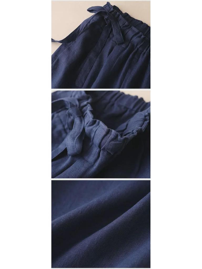 Damen Weitbeinige Cropped Leinen-Baumwollhose - Hohe Taille, Lockere Passform für Frühling/Sommer 2024.