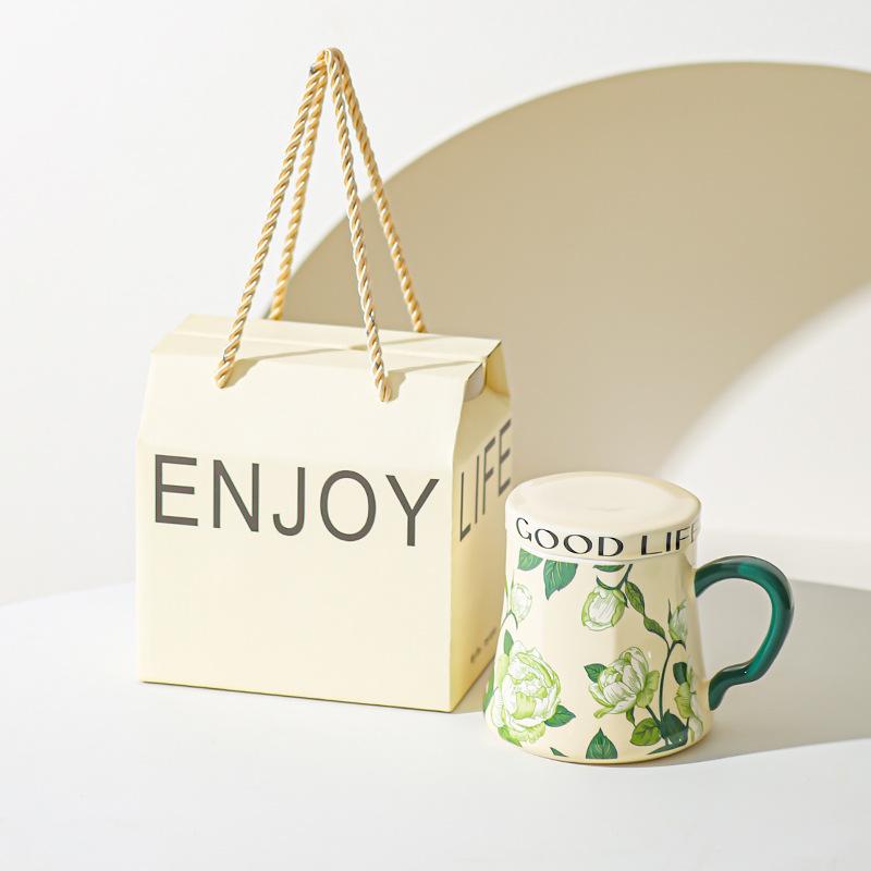 Lily of The Valley Ceramic Water Cup Home Office Large Capacity Coffee Cup Breakfast Cup with Lid Design Coffee Cup
