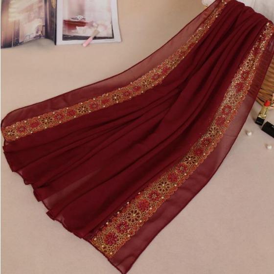 180*85cm women's lace chiffon silk gold beads scarf glitter floral plain hijab muslim pearl nice 9 color scarves/shawls