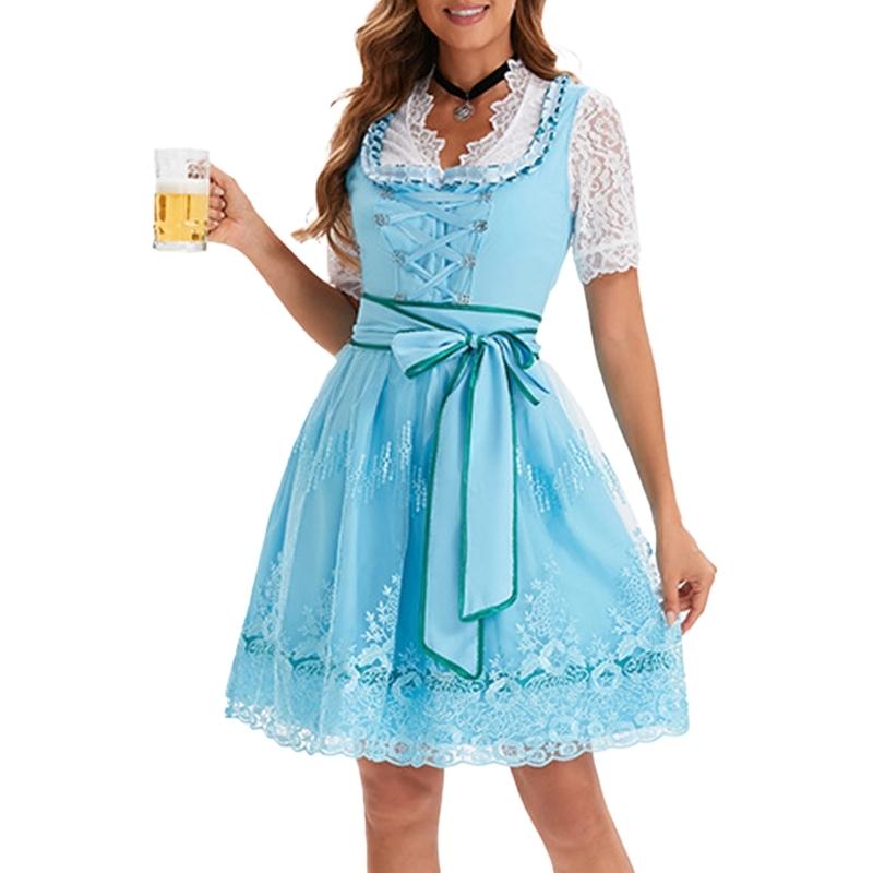 German Bavarian Oktoberfest Costume Set,Halloween Beer Costume Dirndl Dresses Blouse Apron Bows Ribbon for Adult Women