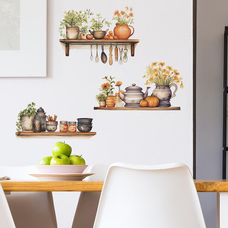 Painted Green Plants Flowers Potted Kitchen Utensils Kitchen Home Beautification Wall Stickers