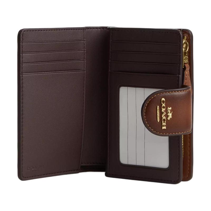 COACH Corner Zip Polished Style Snap Closure Leather Wallet Medium Women's Gold with Mahogany Gold with mahogany color