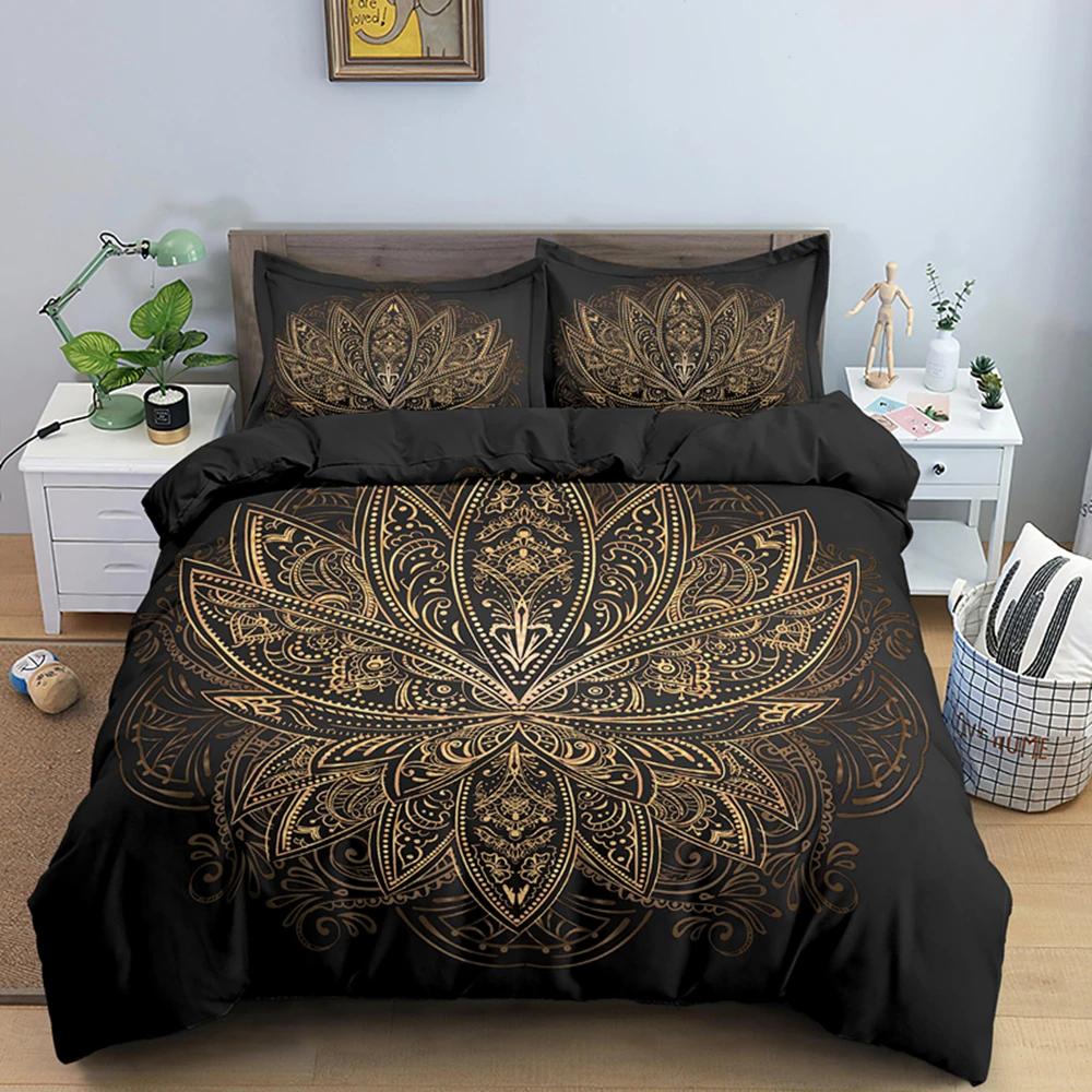 2/3dílná Sada na postel Bohemian Lotus Sada povlaku na přikrývku Mandala Květinový povlak na přikrývku Pro dospělé Černá Polyesterová sada ložního prádla Queen King Twin Pro teenagery