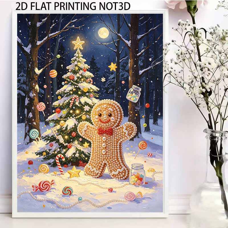 Framed Pearl Bead Painting Kit Christmas Gingerbread Man Theme DIY Shiny Canvas Art Holiday Decor Creative Leisure Craft Ready to Display