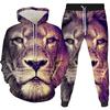 2022 foreign trade new 3d creative lion digital printing printing men's and women's hooded pullover casual sweater two-piece set