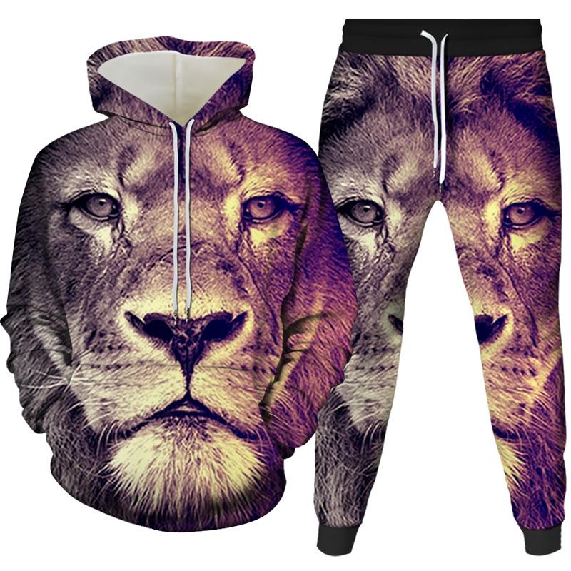 2022 foreign trade new 3d creative lion digital printing printing men's and women's hooded pullover casual sweater two-piece set