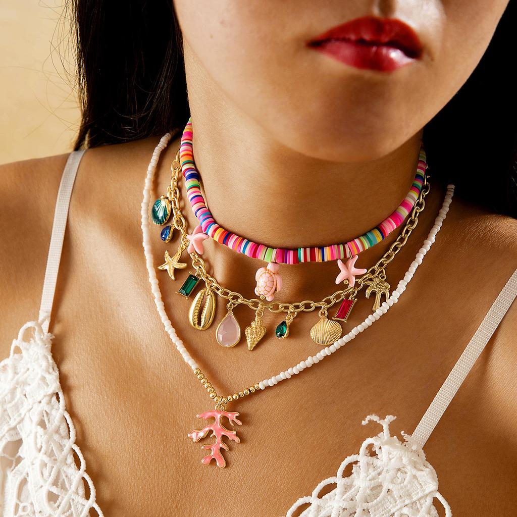 Bohemian Conch Shell Necklace Rice Bead Set, Beach Wind Devil's Eye Necklace Set