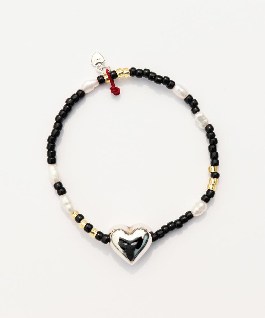 Bonbeau Silver Heart Pearl And Beads Bracelet 925 Silver Chubby Heart Freshwater Pearl Bead Banding Bracelet