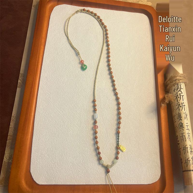 Hand-Woven Olive Pit & Dzi Bead Necklace with Adjustable Ethnic-Style Pendant Lanyard