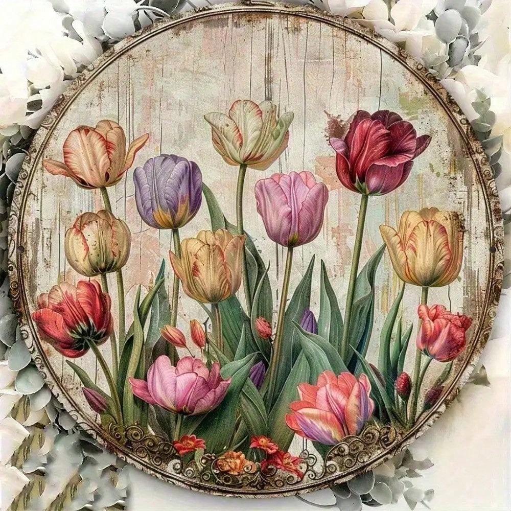Vintage Tulip Floral Metal Tin Sign 8x8 Inch Rustic Wall Art Home Decor Handmade Painting