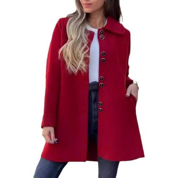 

Women s Winter Woolen Overcoat Casual Loose Fit Long Sleeves Lapel Jacket Solid Color Streetwear Daily Wear Coat XXXL червоний