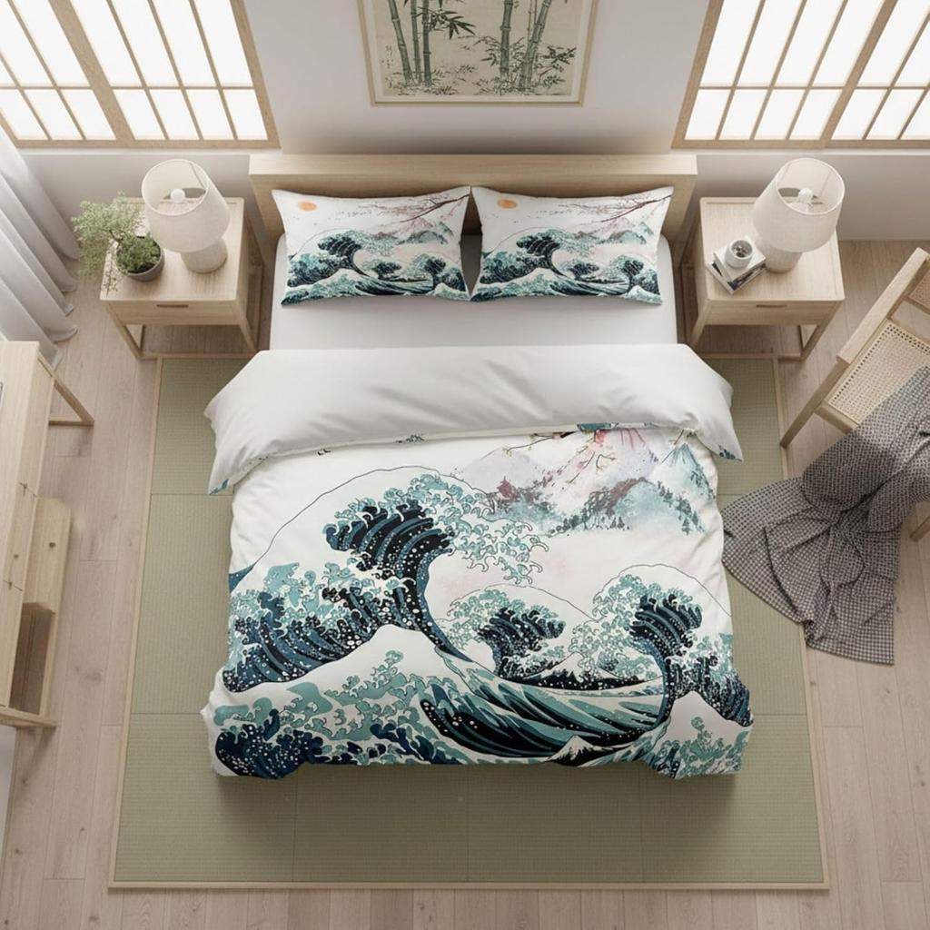 Japan Mount Fuji Duvet Cover Set Double Size Cherry Blossom Bedding Set With 2 Pillowcases Japanese Sea Waves
