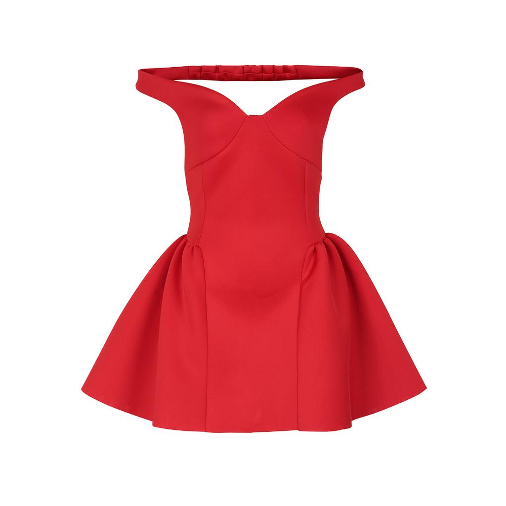 Women's Off Shoulder Deep V Neck Puffy Skater Mini Dress Ruched Waist Bodycon Sexy Summer Club Night Cocktail Party Dress