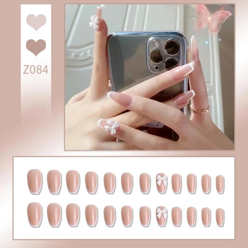 Press On Acrylic Fake Nails Set with Glue High Quality Handmade Nail Extension French Tips Woman False Short Nails Press Ons