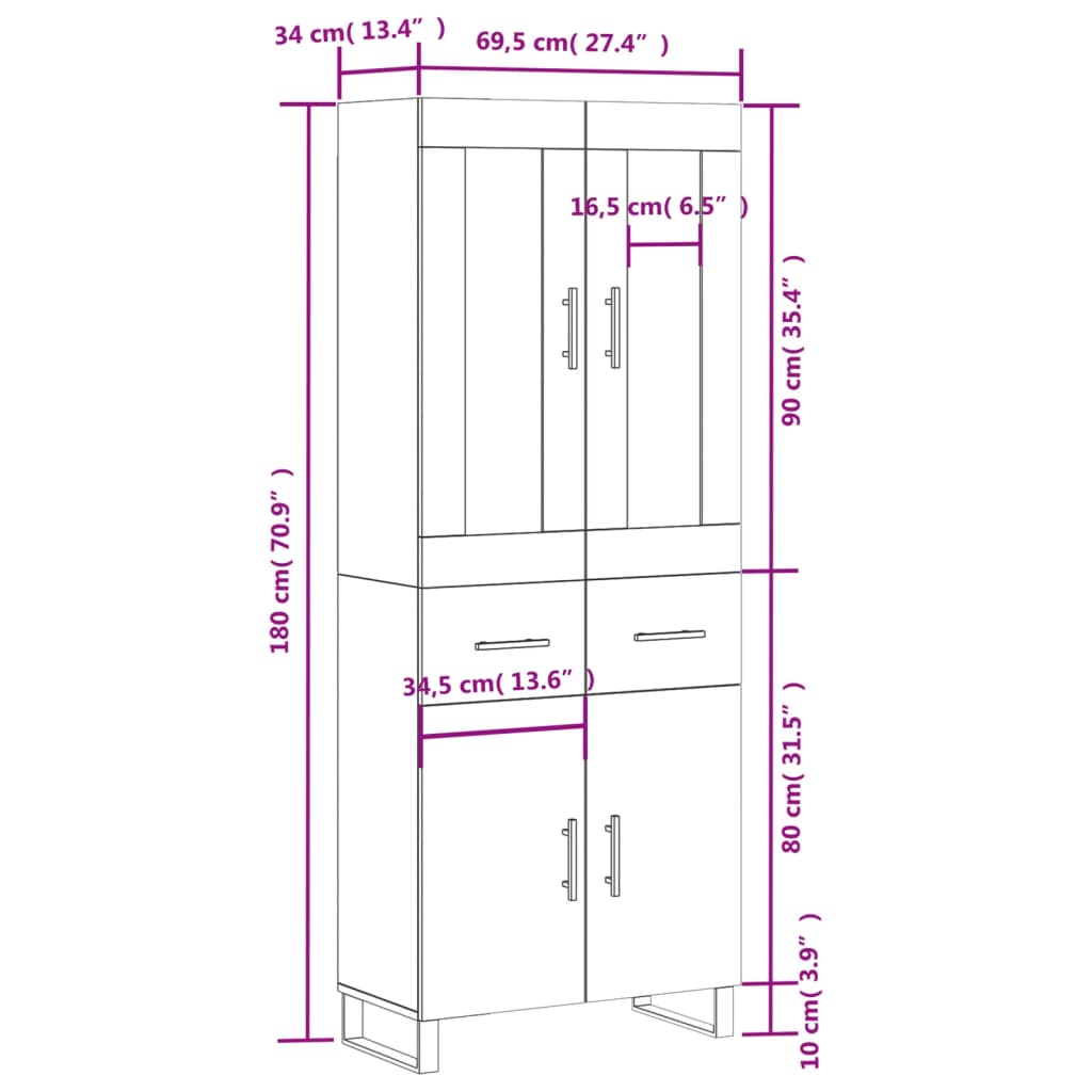 Highboard Sonoma Oak 69.5x34x180 cm Engineered Wood
