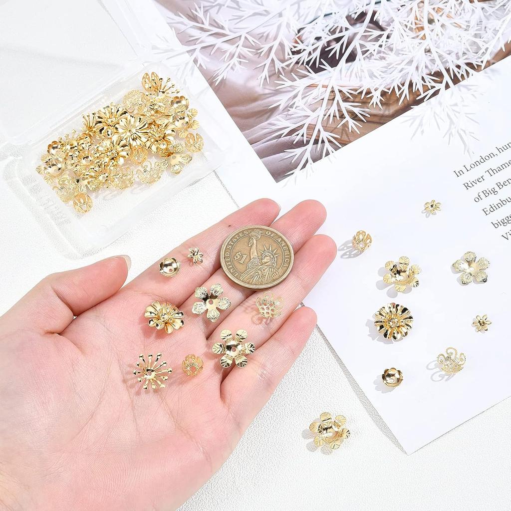 PH PandaHall Bead Caps, 48pcs 8 Styles Real 24K Gold Plated Brass Flower Shaped End Caps Metal Filigree Flower Cap for Earring Bracelet Necklace
