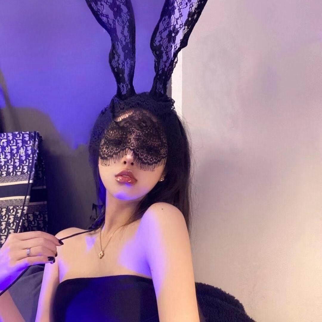 

Sexy lingerie uniform seduction accessories headband lace veil eye mask rabbit ears black and white one One size fits all