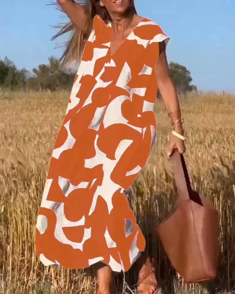 Eleganter Damenstil V-Ausschnitt Lockeres Kleid Sommermode Vielseitige Lange Kleider