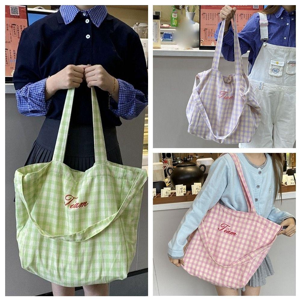 Candy Color Plaid Shoulder Bag Letter Large Capacity Crossbody Bag Simple Canvas Tote Bag  Girls