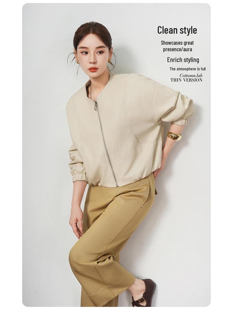 Women’s Genuine Sheepskin Leather Cardigan Jacket - Short, Round Neck, Loose Fit for 2026 Spring/Autumn.