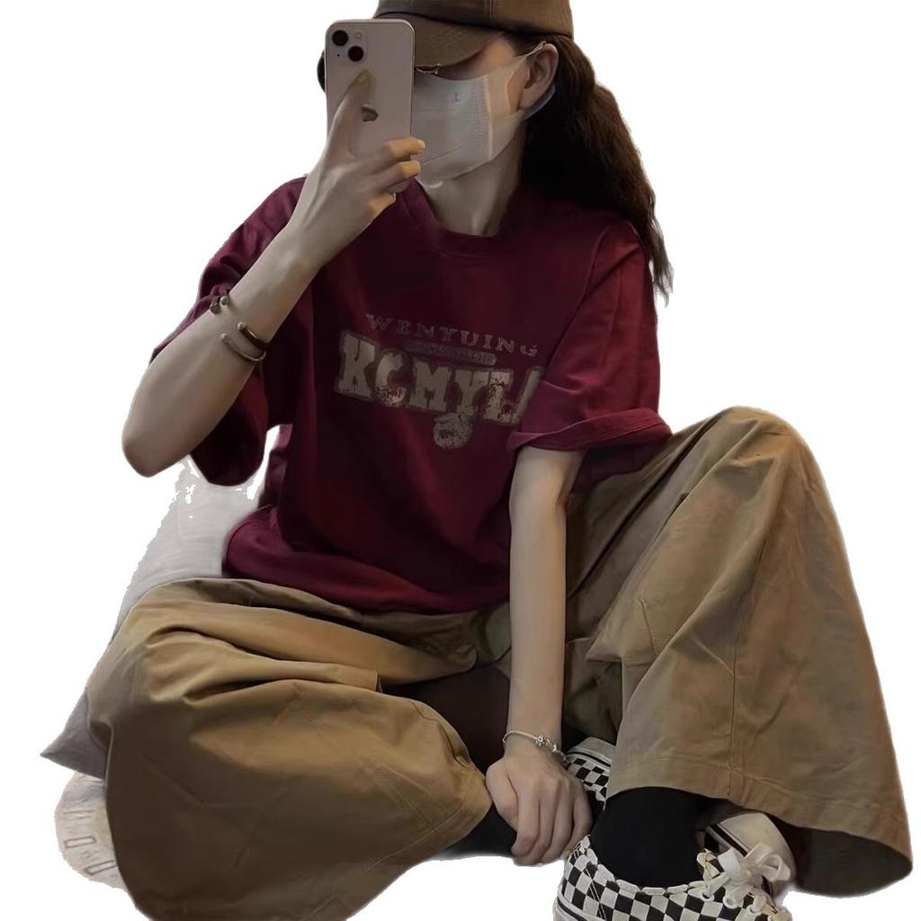 American Pure Cotton Burgundy Short-sleeved T-shirt Women's Summer Loose Large Size Fat Mm Hong Kong Flavor Chic Half-sleeved T-shirt Top