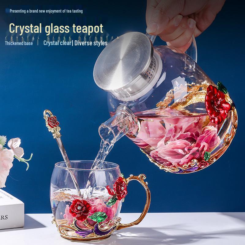Colored Enamel Flower Glass Tea and Coffee Cup Set for Home and Office