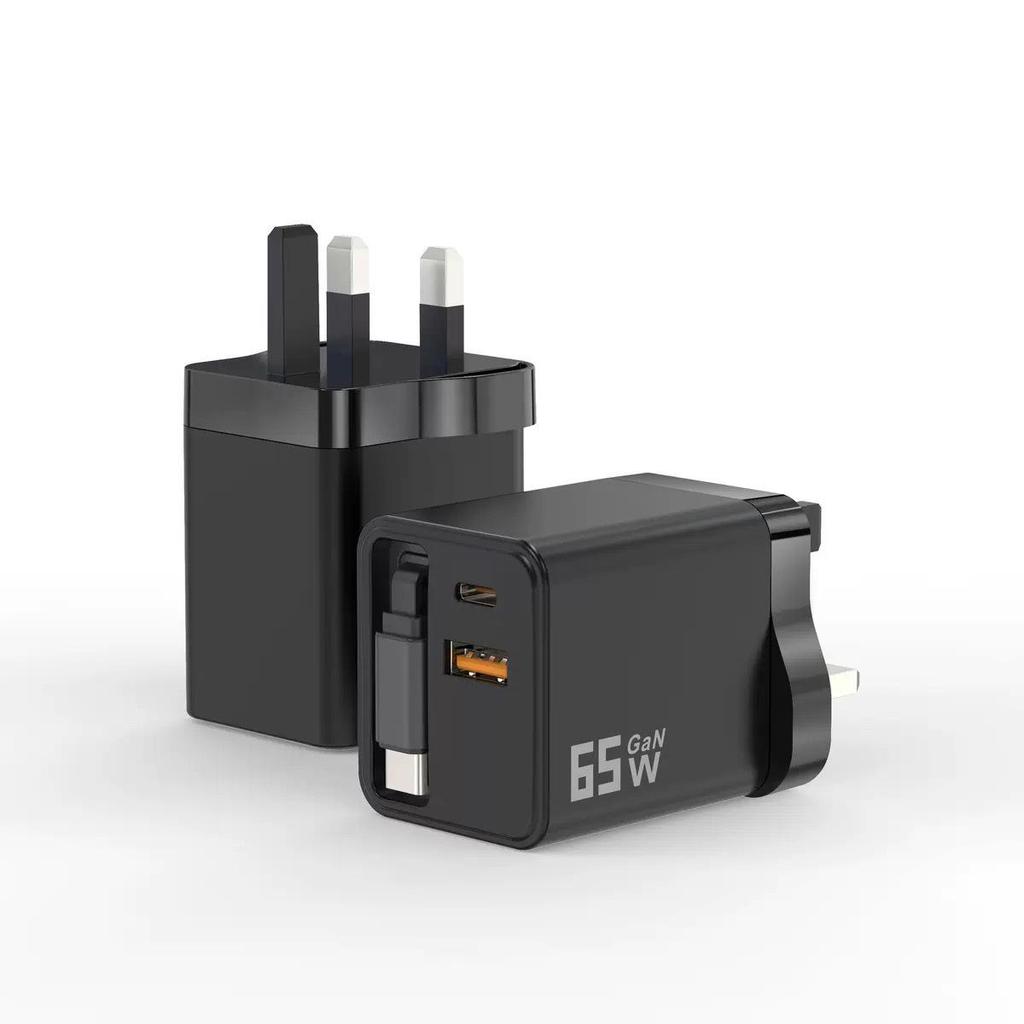 65W GaN Fast Charger, Retractable 80W Dual-Port A+C, Compatible with Apple & Huawei Phones