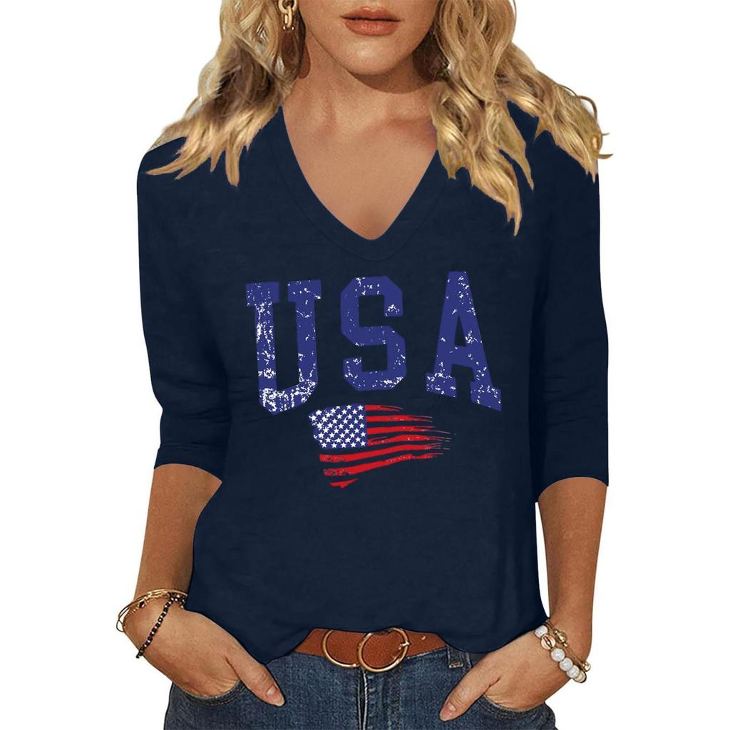 Women Casual V Neck Long Sleeve Top USA Letter Print Lightweight Loose Fit Pullover Shirt for Everyday Wear and Holiday Events