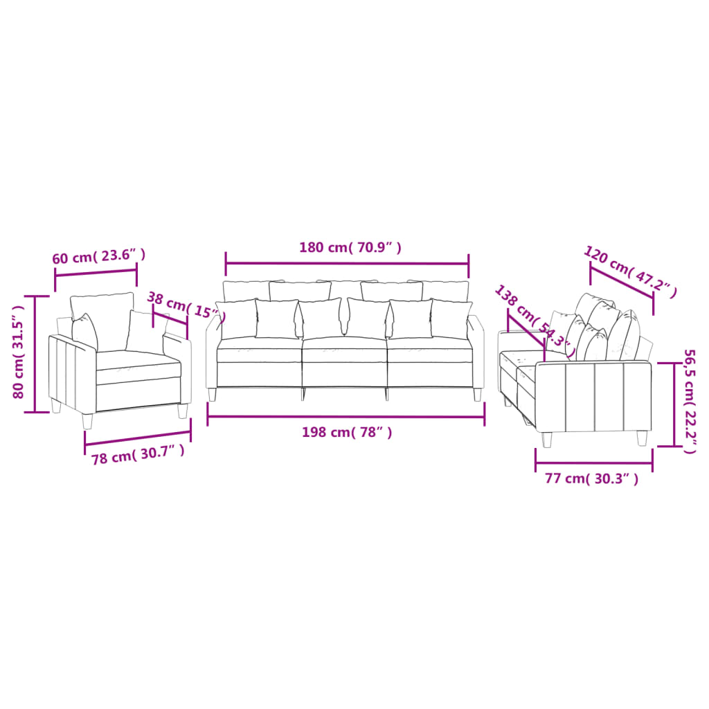 3 Piece Sofa Set with Cushions Brown Fabric