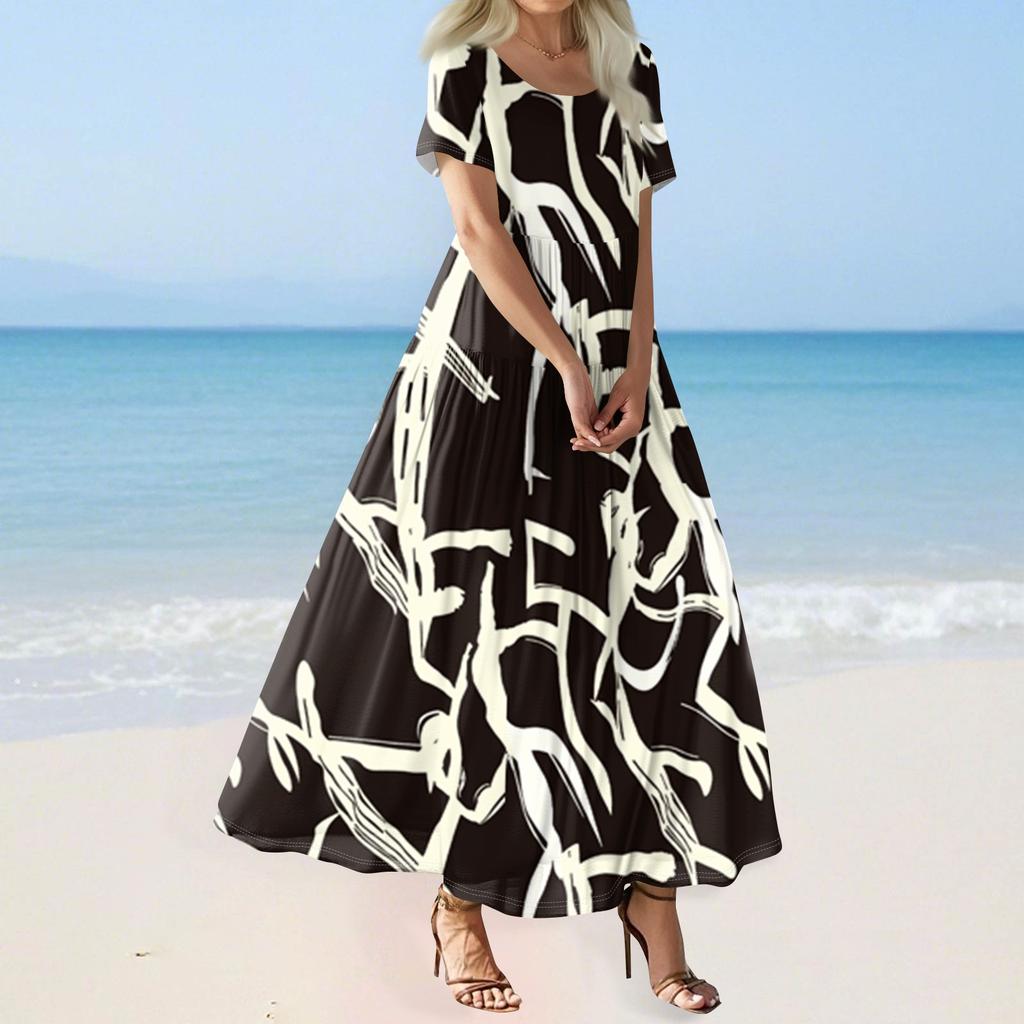 Damen Sommer Casual Blumendruck Kurzarm O-Ausschnitt Hohe Taille A-Linie Stufen Fließendes Boho Maxikleid