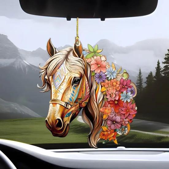 Horse Floral Ornaments Acrylic Car Rearview Mirror Charm Farmhouse Xmas Tree Door Display Vintage Animal Decor