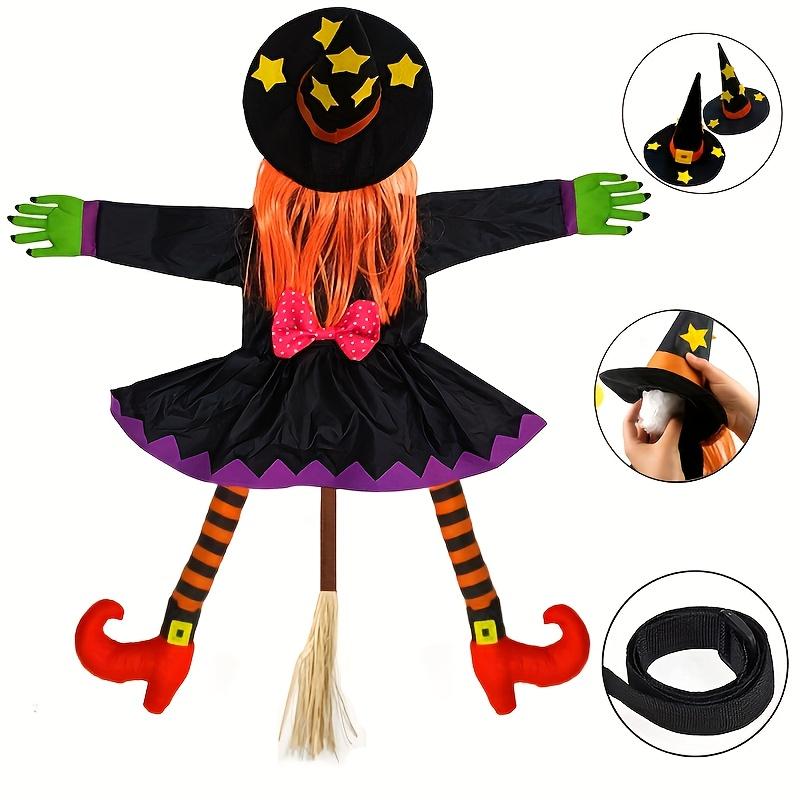 Halloween Witch Hanging Decor Outdoor Tree Climbing Witch with Red Bow Black Hat,Halloween Decorations for Porch Yard Display