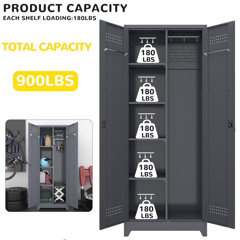 Broom Storage Cabinet With Locking Doors And Shelves, 65" H Metal Storage Cabinet With Hanging Rod & S-Hooks, Cleaning Tool Storage Cabinet