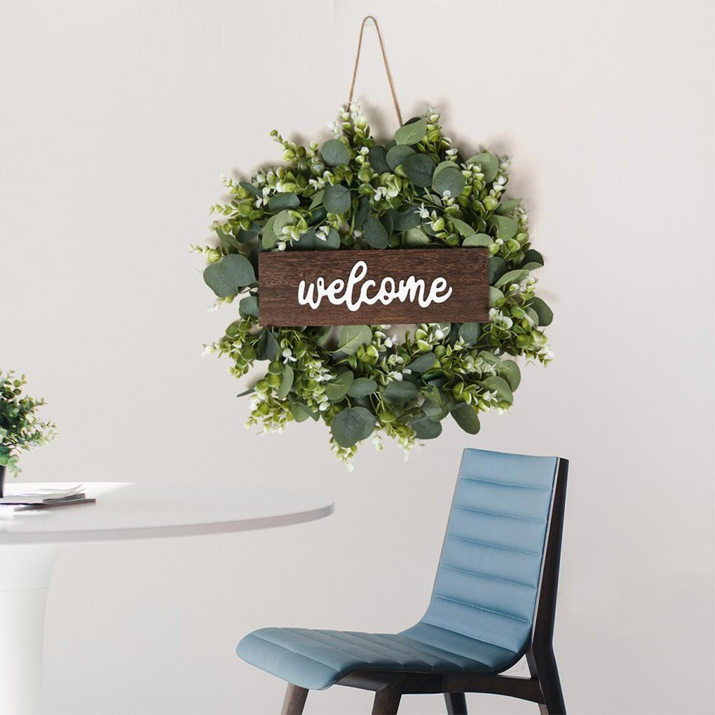 Green Eucalyptus Wreath with Welcome Sign Artificial Eucalyptus Wreath Spring Summer Wreath with White Berries for Front Door