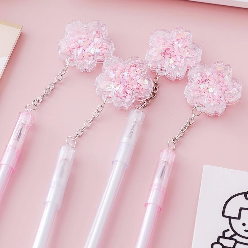 16 Pcs Wholesale Creative Pink Sequins Cherry Blossom Pendant Neutral Pen Lovely Flower Student Signature Pen Writing Supplies School Office Supplies