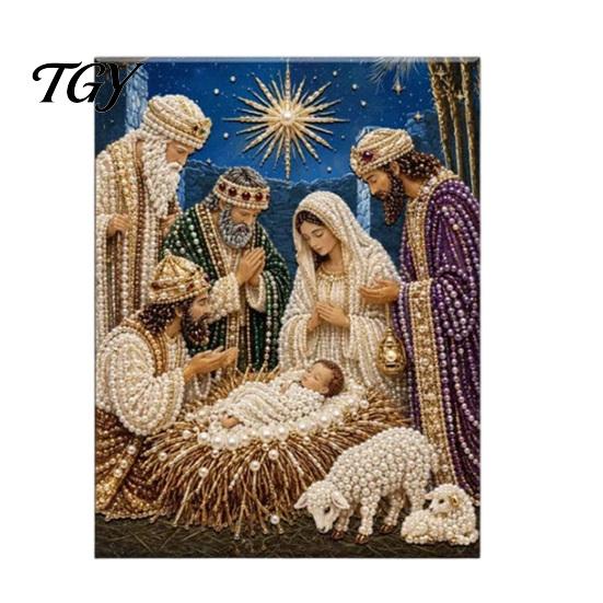Handgefertigte Religiöse Bastelarbeiten Krippe Perlmutt-Kunst-Set, Heilige Familie Malerei DIY Spirituelle Wanddekoration 3D Bastelset für Erwachsene, Weihnachten Zuhause