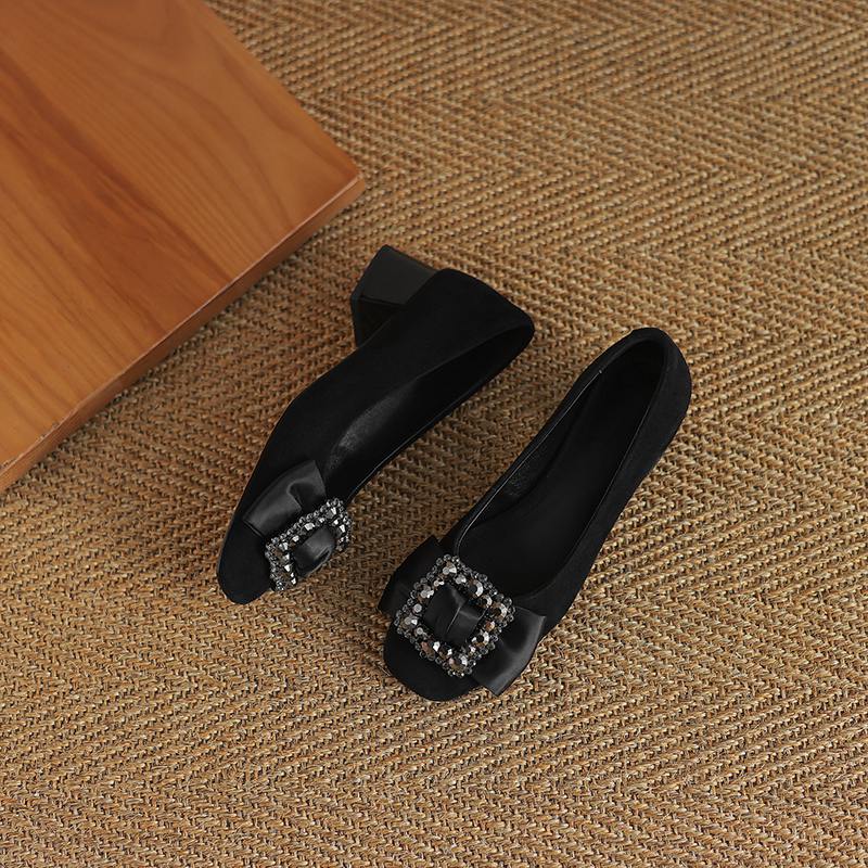 Krazing Pot Suede Spring Summer Size 41 Med Heels Office Lady High Heels Crystal Women Square Toe Shallow Pumps