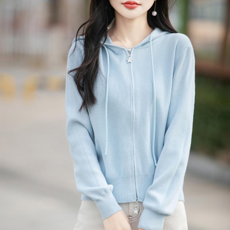Women Loose Hooded Long Sleeve Knitted Zip Up Short Cardigan Coat