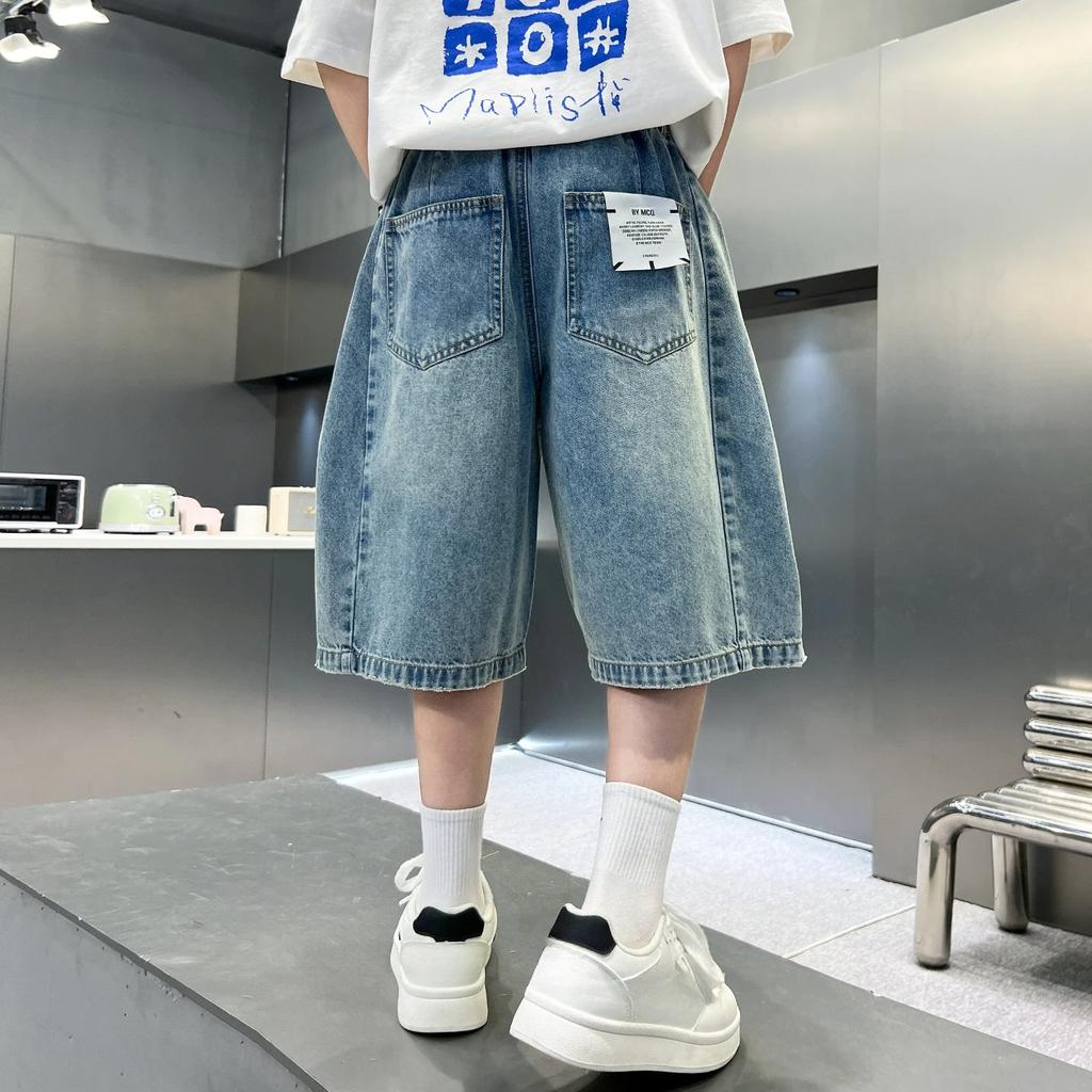 Sommer Kinder Kind Lässig Retro Blaue Jeansshorts für Jungen Baggy Jeans Capris Knielange Hosen Größe