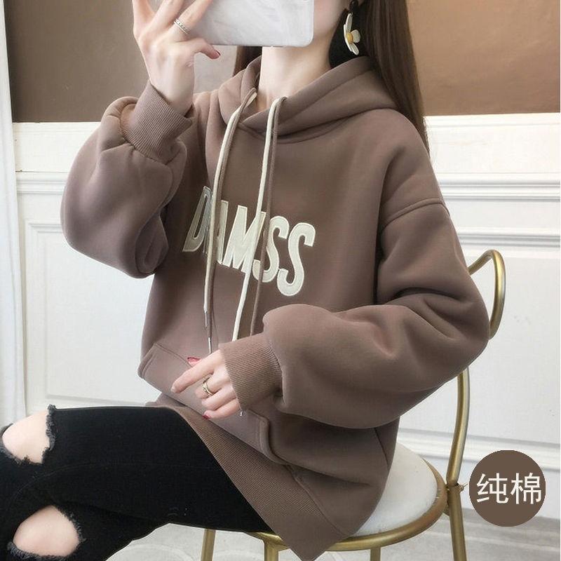 Cotton hooded sweater women, embroidered autumn and winter wear loose and versatile medium and long velvet thickened sweater